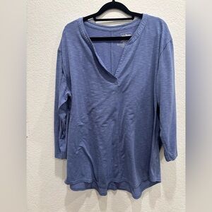 L. L. Bean Streamside Tee Three Quarter Sleeve Split neck Blue SZ 1X Plus